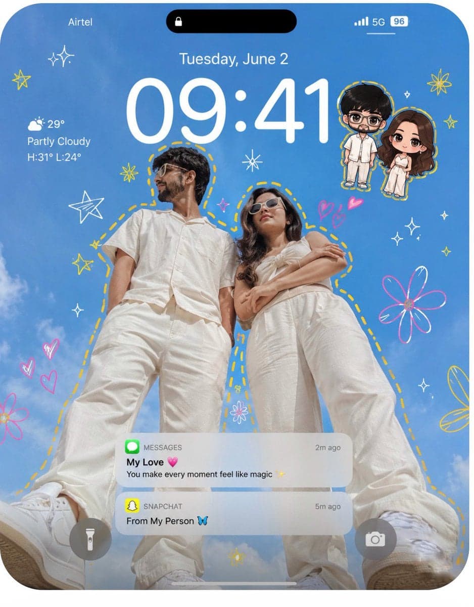 Create an ultra-realistic iPhone lockscreen wallpaper. Transform the couple into…؛ عکس ساخته‌شده با هوش مصنوعی و پرامپت فارسی در Axeto