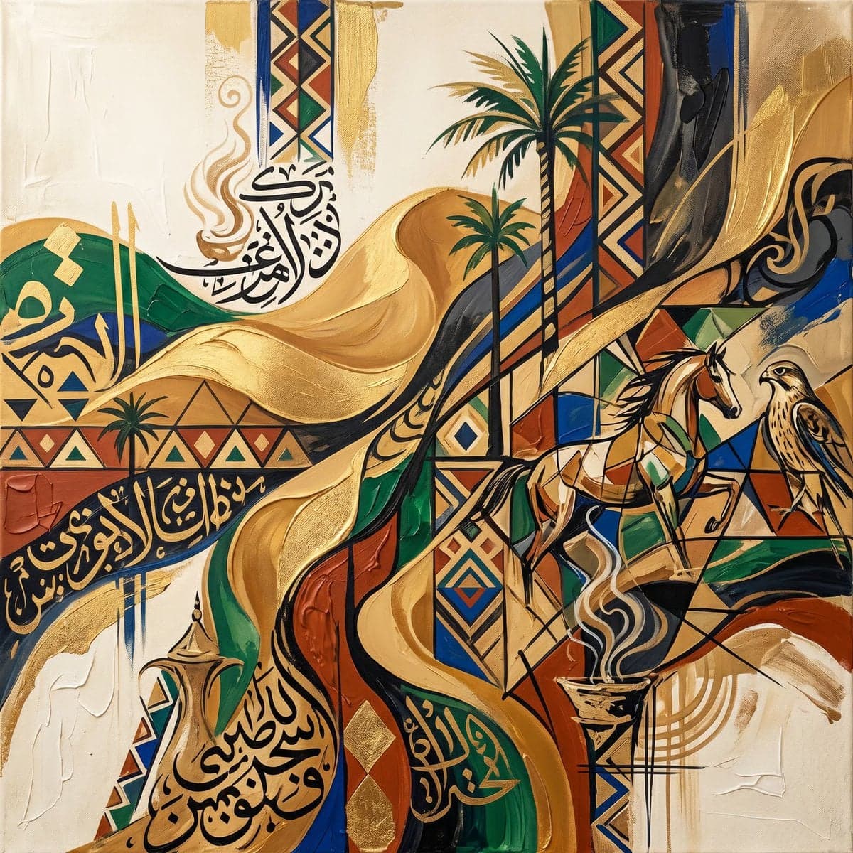 Saudi abstract illustration, contemporary Saudi art, abstract interpretation of …؛ عکس ساخته‌شده با هوش مصنوعی و پرامپت فارسی در Axeto