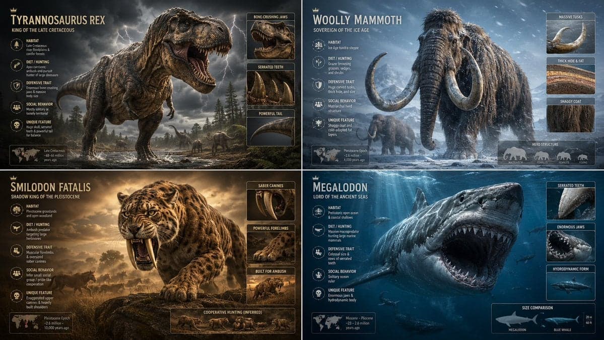 2x2 grid, 16:9, do this for majestic extinct animals input ::= [Extinct Species …؛ عکس ساخته‌شده با هوش مصنوعی و پرامپت فارسی در Axeto
