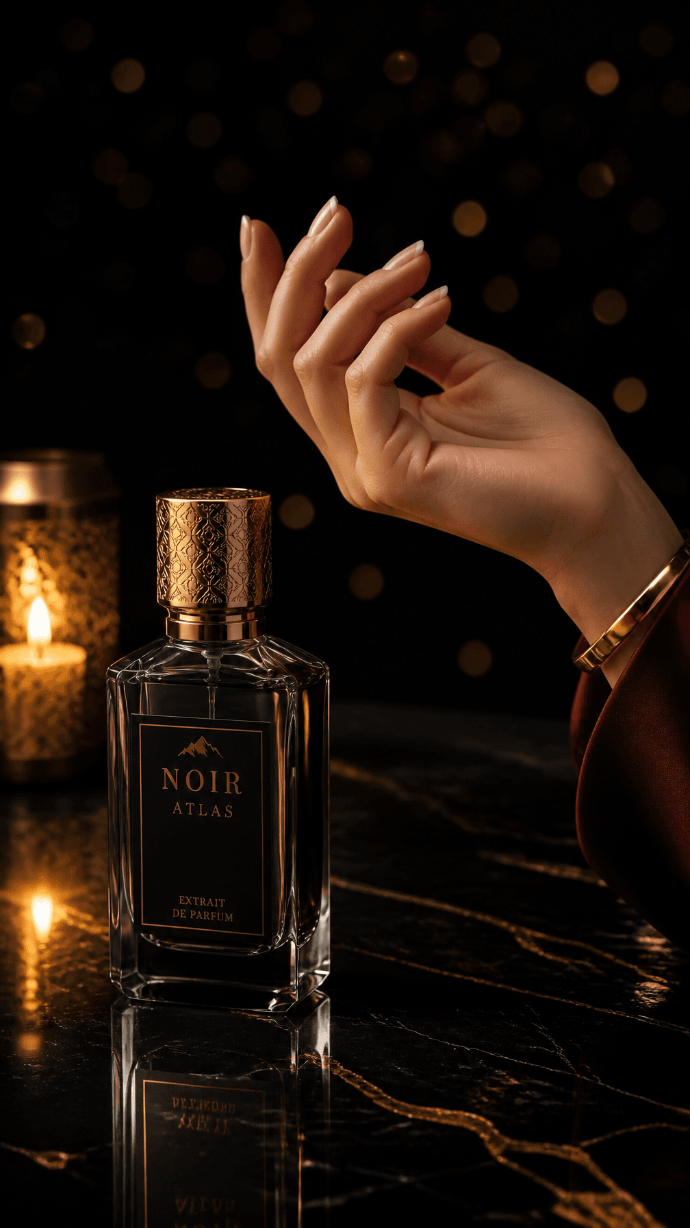 بطری عطر لوکس با دست، سبک YSL/تام فورد؛ عکس ساخته‌شده با هوش مصنوعی