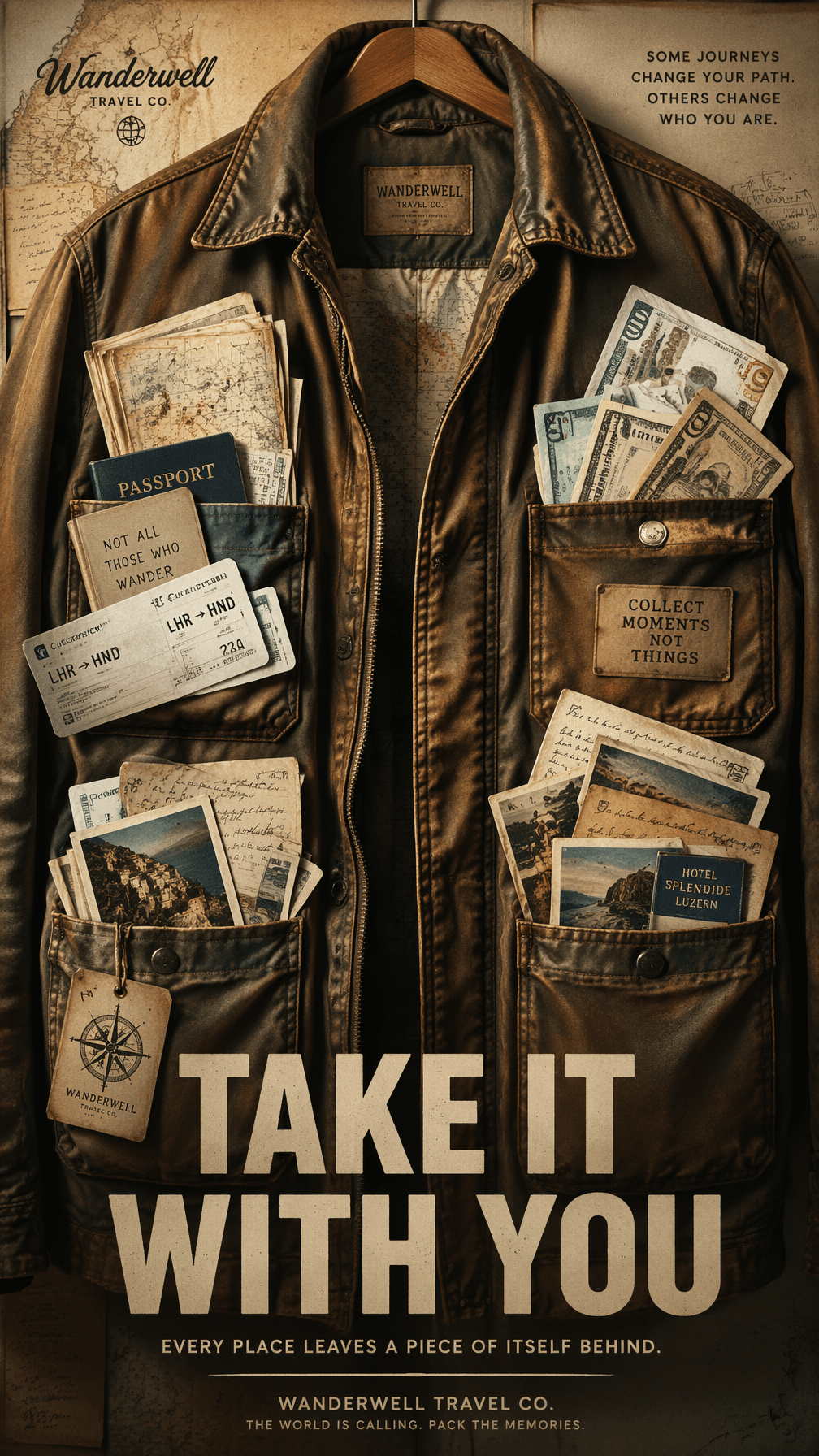 A premium 9:16 travel advertising poster.Main Subject: An oversized vintage trav…؛ عکس ساخته‌شده با هوش مصنوعی و پرامپت فارسی در Axeto