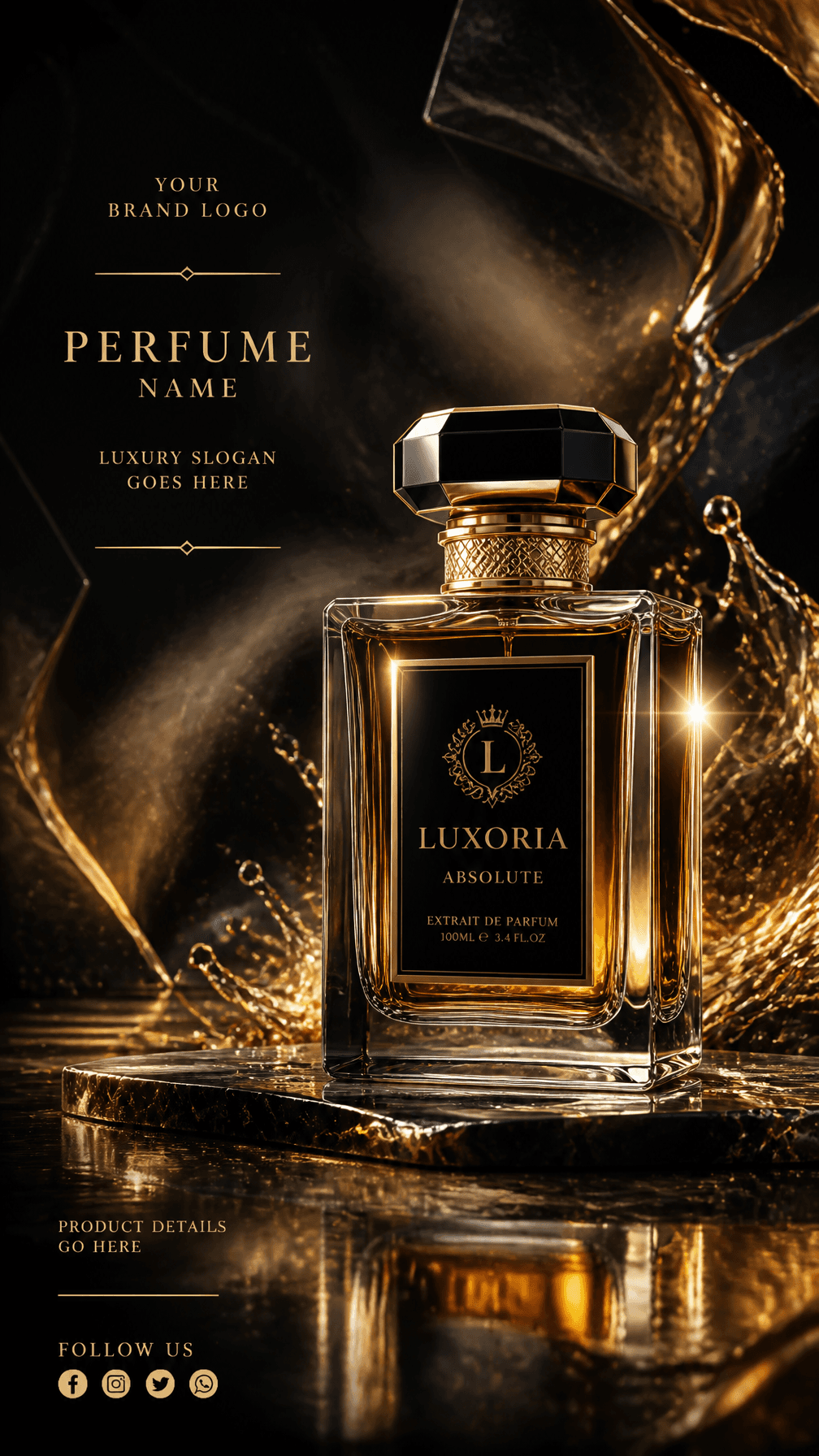 تبلیغ عطر لوکس: شات سینمایی استودیویی، طلایی و مشکی؛ محتوای مرتبط هوش مصنوعی در Axeto