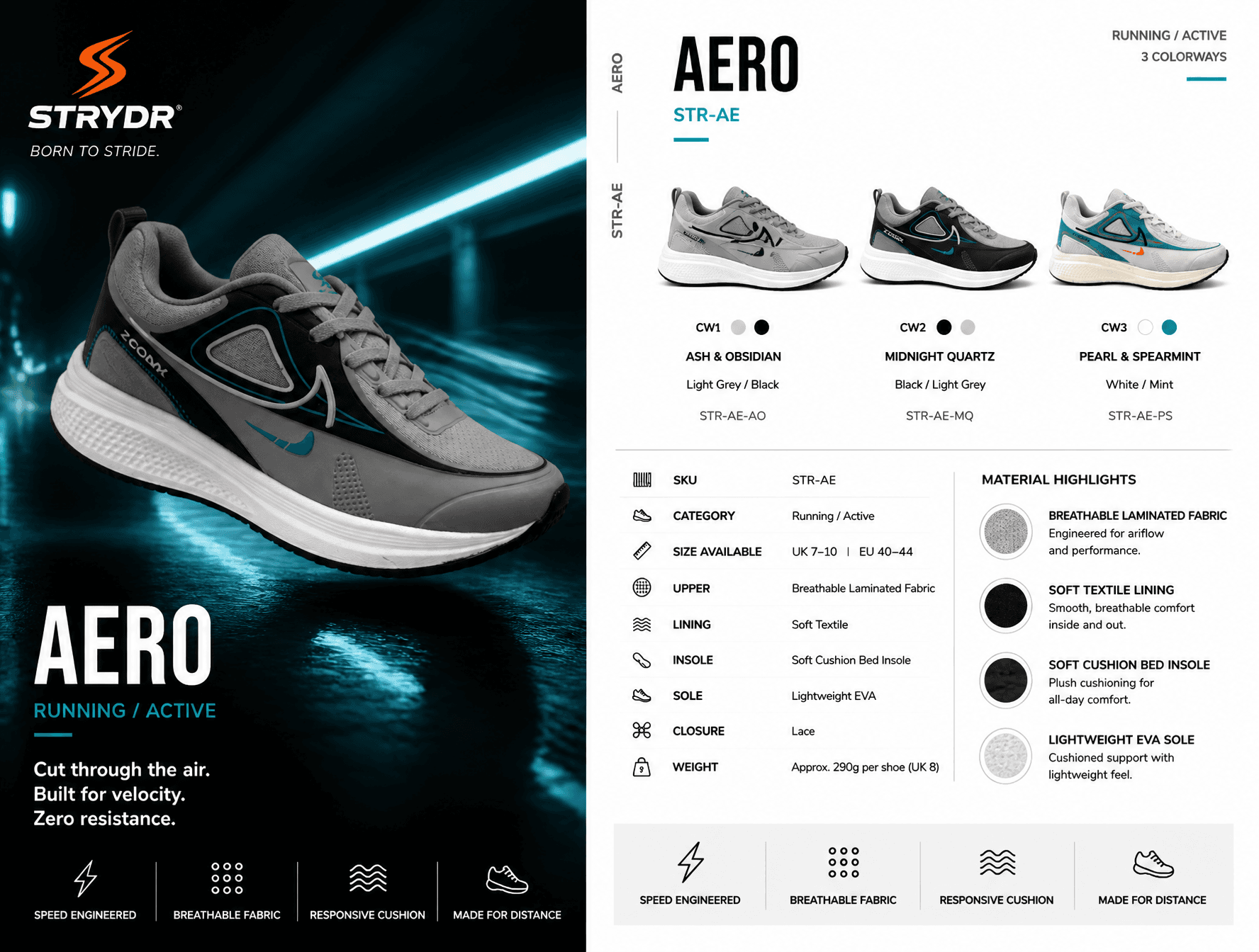برگه محصول کفش STRYDR AERO با رنگ‌بندی؛ محتوای مرتبط هوش مصنوعی در Axeto