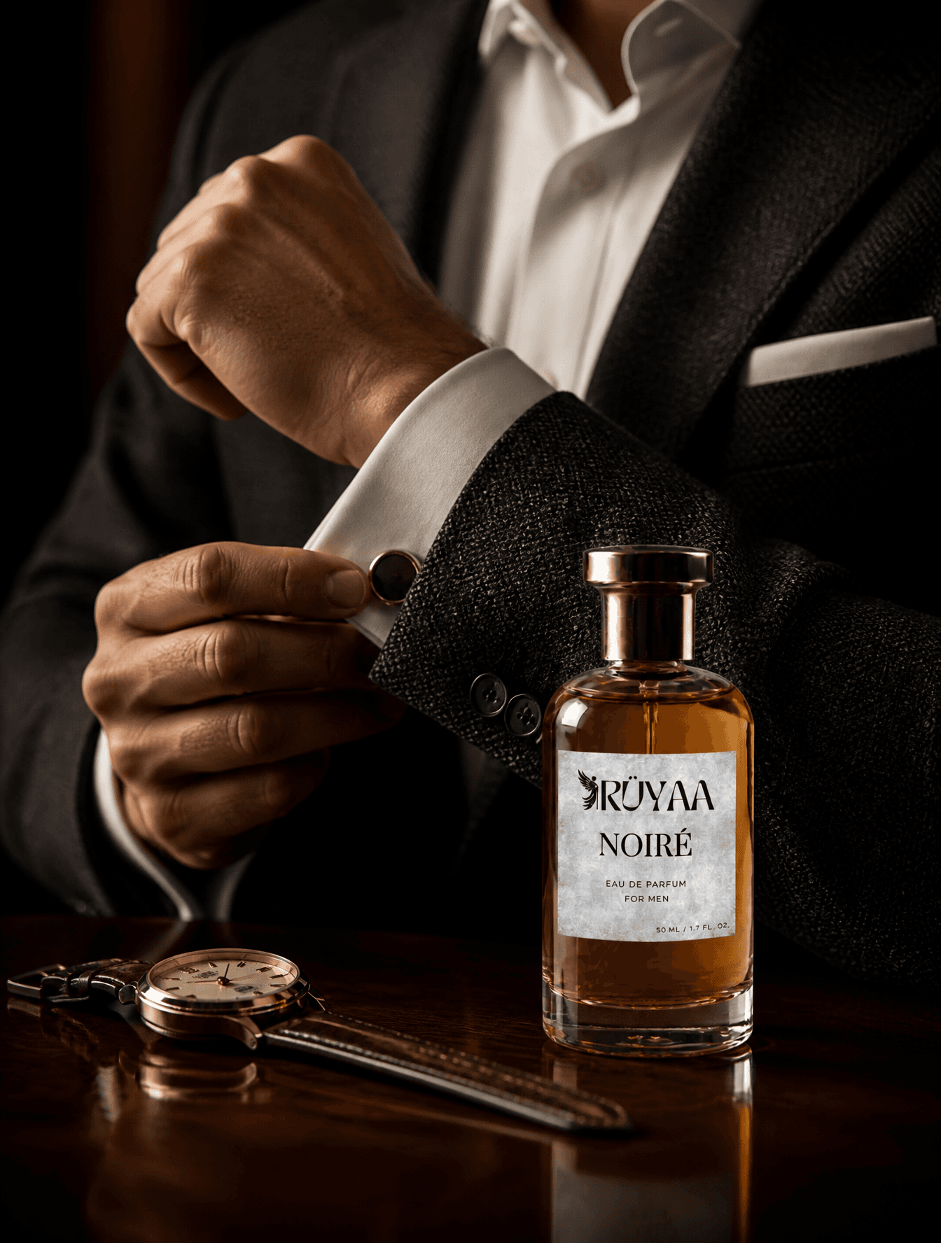 مردی آراسته با عطر - عکاسی تبلیغاتی محصول؛ عکس ساخته‌شده با هوش مصنوعی