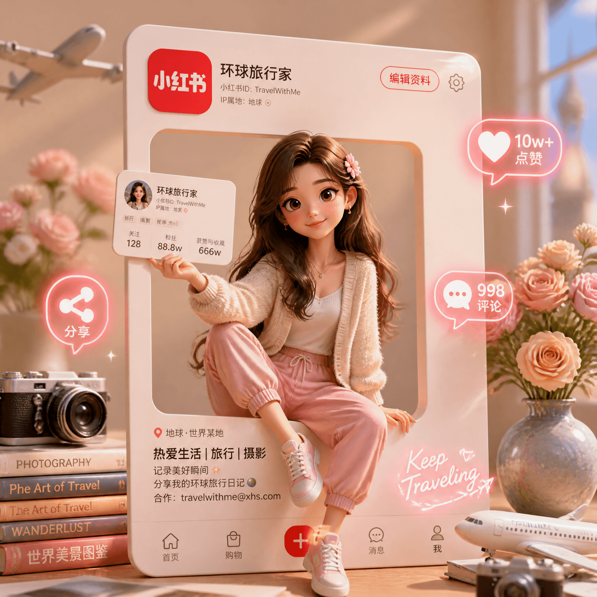 A girl holding a 3D Xiaohongshu profile card in one hand, with a square cutout i…؛ نمونه عکس ساخته‌شده با هوش مصنوعی در Axeto