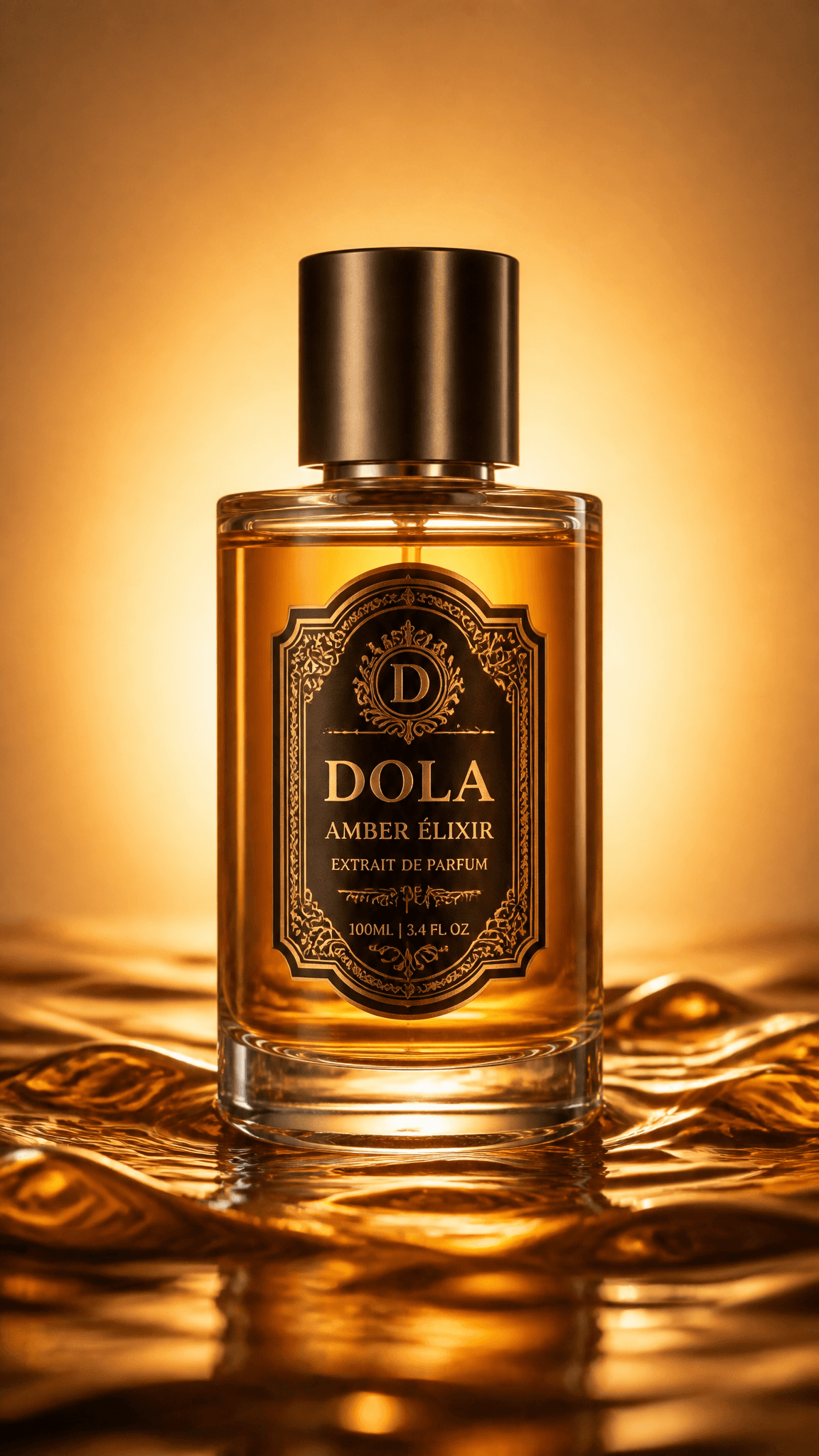 بطری عطر لوکس روی مایع کهربایی، عکاسی تبلیغاتی محصول؛ عکس ساخته‌شده با هوش مصنوعی