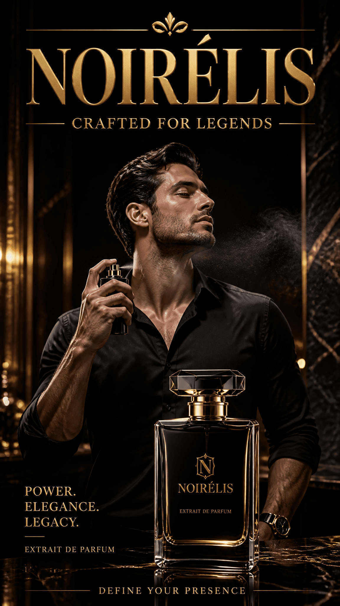 تبلیغ عطر لوکس: ظرافت مردانه و تمرکز بر محصول؛ عکس ساخته‌شده با هوش مصنوعی