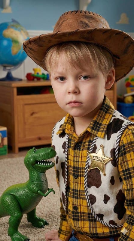 Waist-up shot of a hyper-realistic boy dressed as a vintage sheriff doll (yellow…؛ محتوای مرتبط هوش مصنوعی در Axeto