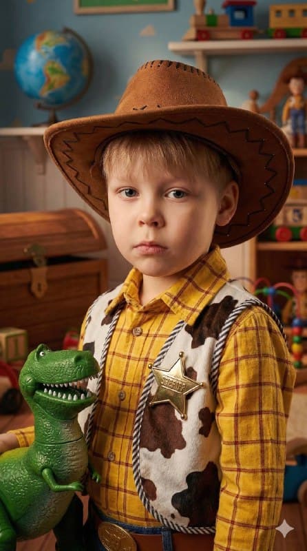 Waist-up shot of a hyper-realistic boy dressed as a vintage sheriff doll (yellow…؛ عکس ساخته‌شده با هوش مصنوعی و پرامپت فارسی در Axeto