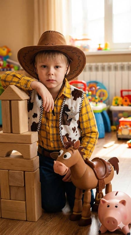 Medium shot of an ultra-realistic boy in a toy sheriff outfit (yellow plaid shir…؛ عکس ساخته‌شده با هوش مصنوعی و پرامپت فارسی در Axeto