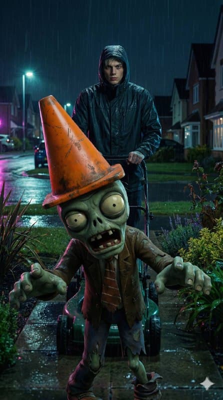 زامبی کله‌قیفی Plants vs. Zombies در باغ بارانی شب؛ محتوای مرتبط هوش مصنوعی در Axeto