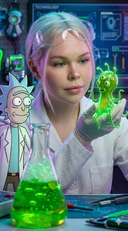 Ultra-realistic macro-style portrait, scene inspired by Rick and Morty universe …؛ عکس ساخته‌شده با هوش مصنوعی و پرامپت فارسی در Axeto
