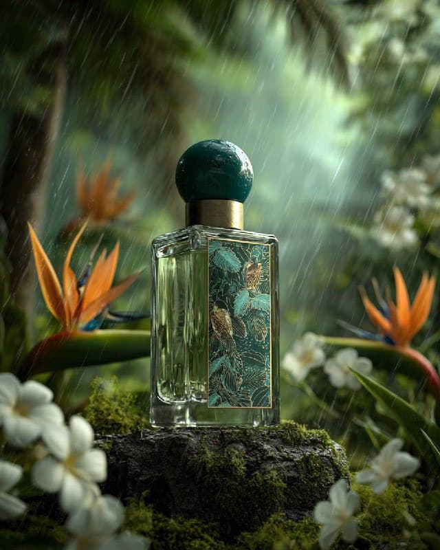 عکاسی محصول: بطری عطر با برچسب آرت نوووی گیاهی؛ محتوای مرتبط هوش مصنوعی در Axeto