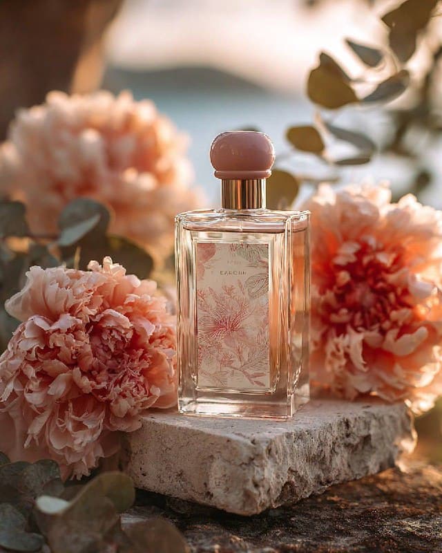 عکاسی محصول: بطری عطر با برچسب آرت نوووی گیاهی؛ محتوای مرتبط هوش مصنوعی در Axeto