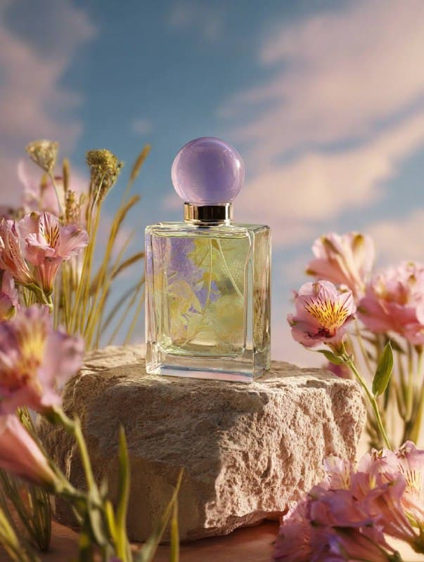 عکاسی محصول: بطری عطر با برچسب آرت نوووی گیاهی؛ محتوای مرتبط هوش مصنوعی در Axeto