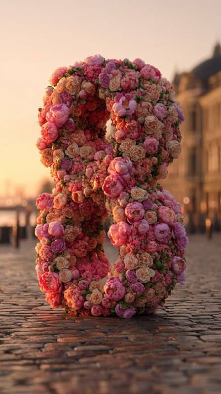 Giant floral digit eight, entirely covered in fresh [FLOWERS], standing outdoors…؛ عکس ساخته‌شده با هوش مصنوعی و پرامپت فارسی در Axeto