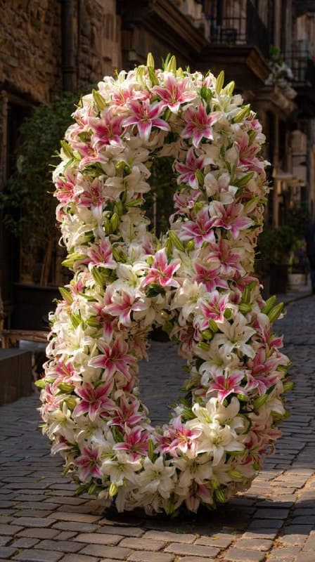 Giant floral digit eight, entirely covered in fresh [FLOWERS], standing outdoors…؛ عکس ساخته‌شده با هوش مصنوعی و پرامپت فارسی در Axeto