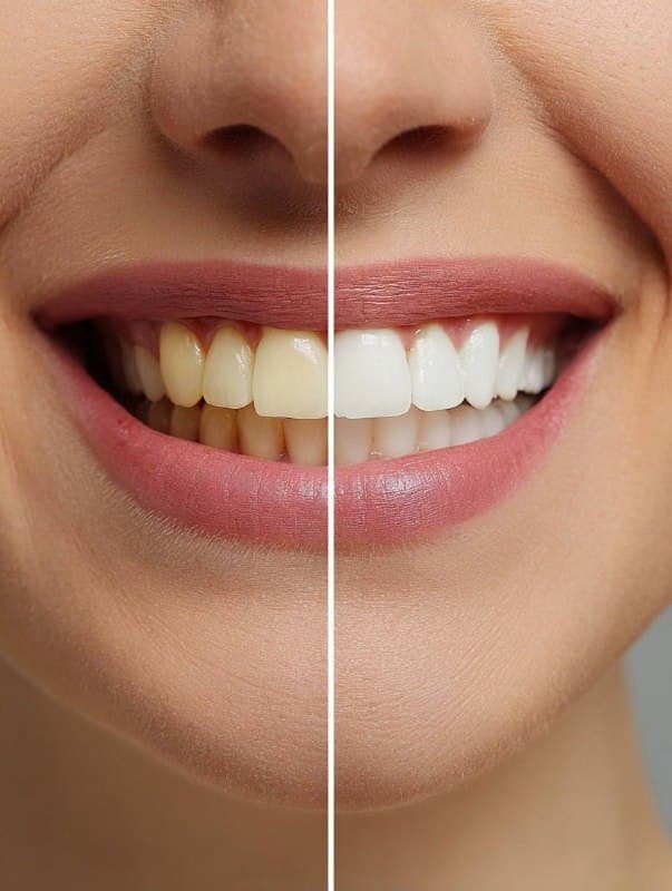 Realistic close-up of a smiling female mouth, divided vertically into two halves…؛ عکس ساخته‌شده با هوش مصنوعی و پرامپت فارسی در Axeto