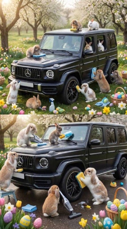A group of cute baby bunnies cleaning and polishing a [COLOR] [CAR MODEL], some …؛ عکس ساخته‌شده با هوش مصنوعی و پرامپت فارسی در Axeto
