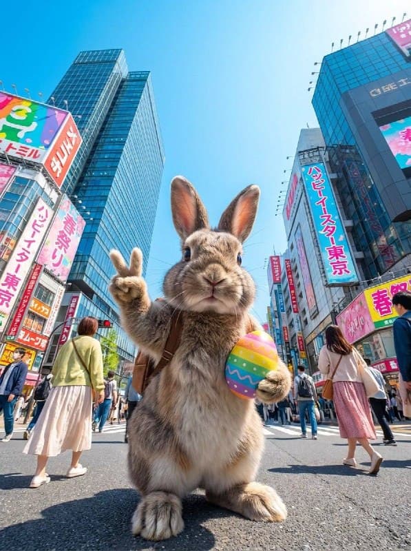 A cute realistic Easter bunny standing upright making a peace sign with one paw …؛ عکس ساخته‌شده با هوش مصنوعی و پرامپت فارسی در Axeto