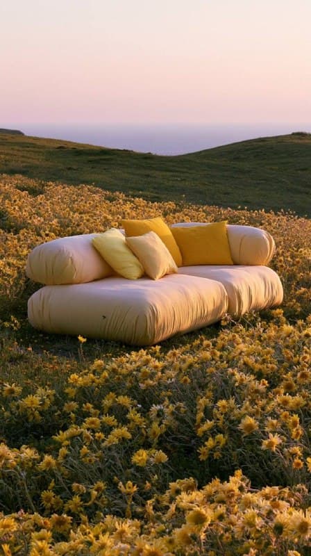 مبل فضای باز در دشت گل با پس‌زمینه آب؛ محتوای مرتبط هوش مصنوعی در Axeto