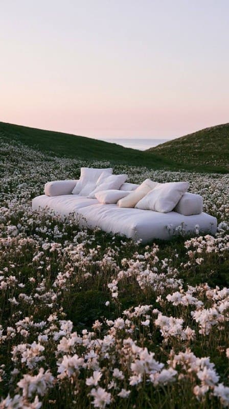 مبل فضای باز در دشت گل با پس‌زمینه آب؛ محتوای مرتبط هوش مصنوعی در Axeto