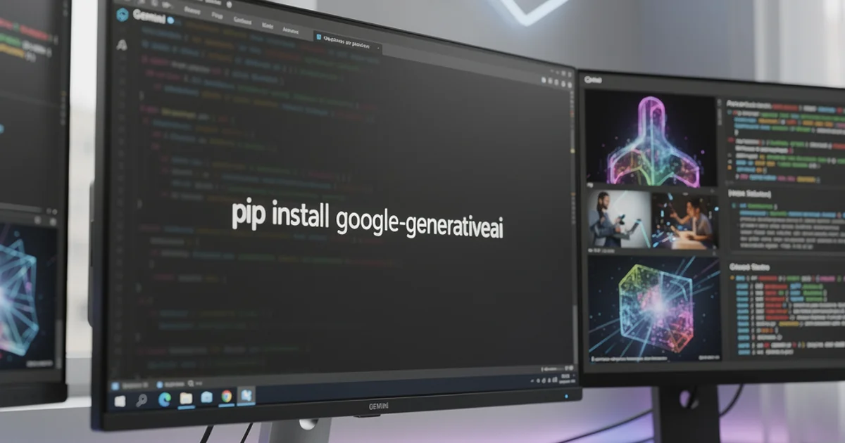 نمای نزدیک از یک ترمینال کامپیوتر که دستور `pip install google-generativeai` را نشان می‌دهد.