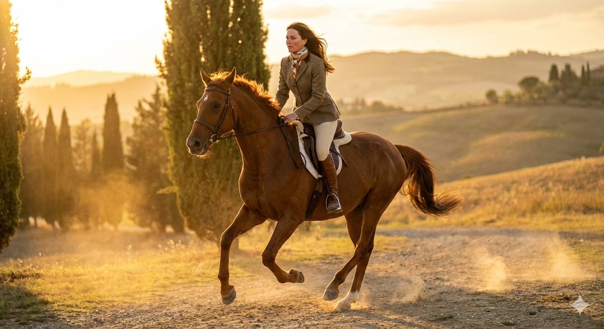 24-year-old female equestrian model riding a galloping chestnut horse, Hermès-in…; AI prompt for image generation