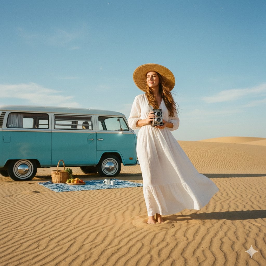 زن عشایری در کویر با دوربین و ون مسافرتی; AI prompt for image generation