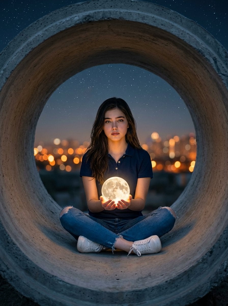 پرتره فراواقعی زن با ماه در لوله بتنی; AI prompt for image generation