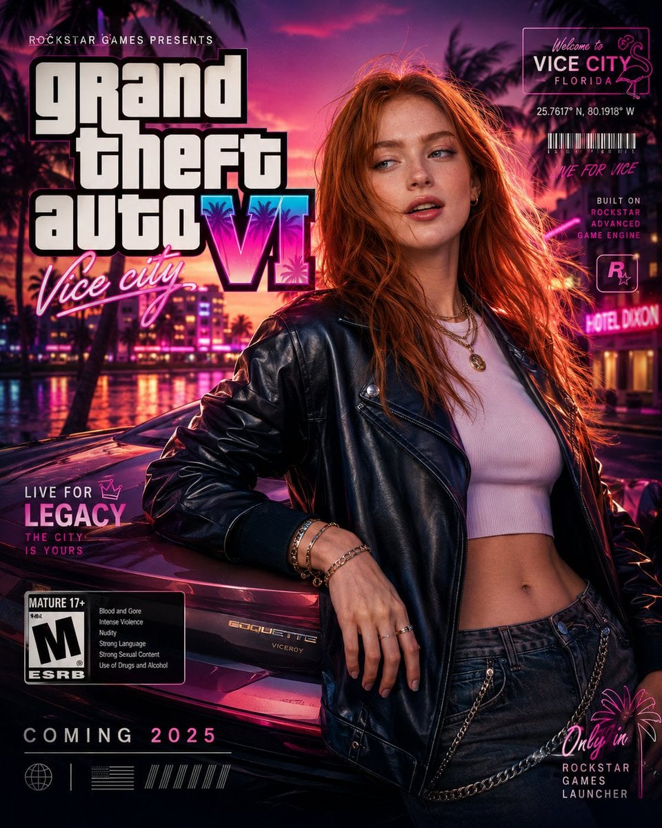 پوستر پرتره شهری سینمایی 8K با استایل GTA VI؛ محتوای مرتبط هوش مصنوعی در Pixori