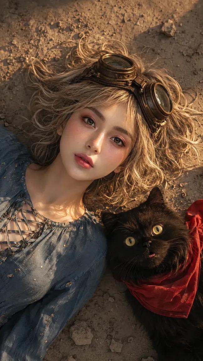 زن و گربه واقع‌گرایانه، نمای بالا، نورپردازی سینمایی؛ پرامپت مشابه برای ساخت عکس با هوش مصنوعی