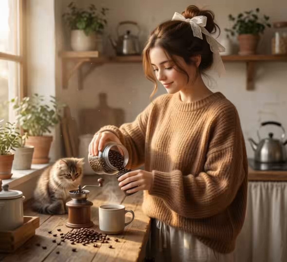 آیین قهوه صبحگاهی دلنشین با گربه؛ محتوای مرتبط هوش مصنوعی در Pixori