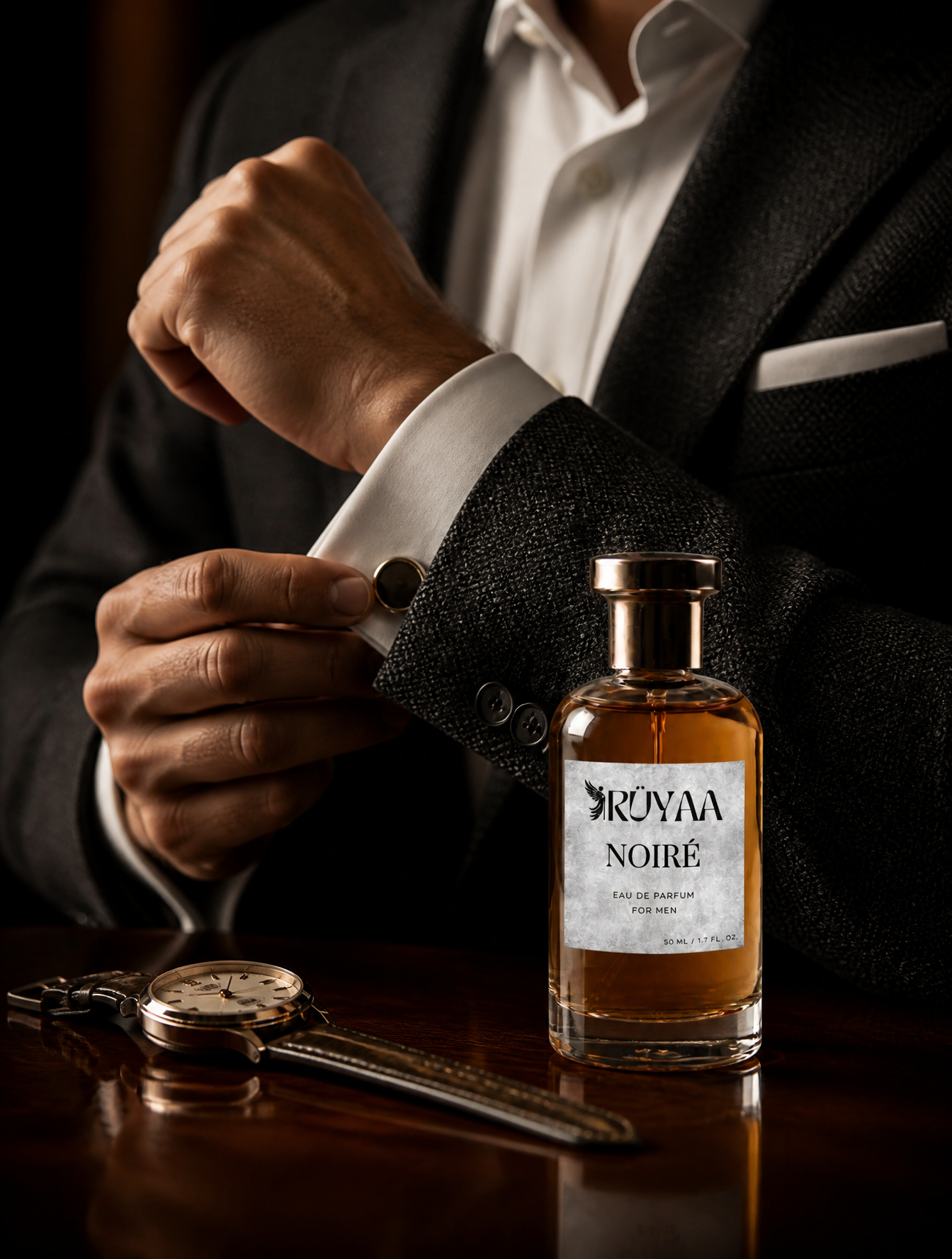 مردی آراسته با عطر - عکاسی تبلیغاتی محصول؛ پرامپت فارسی برای ساخت عکس با هوش مصنوعی