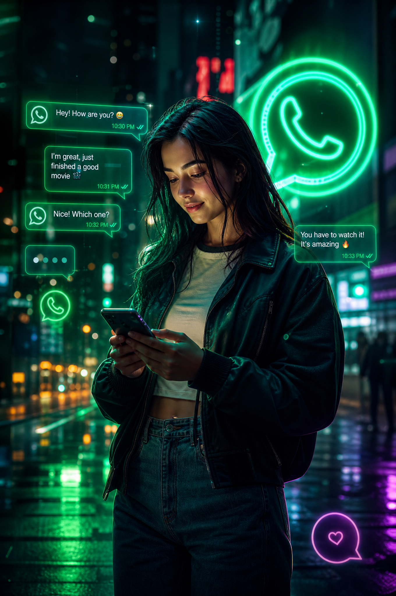 پوستر نئون سینمایی: زن با گوشی هوشمند; related AI content on Pixori