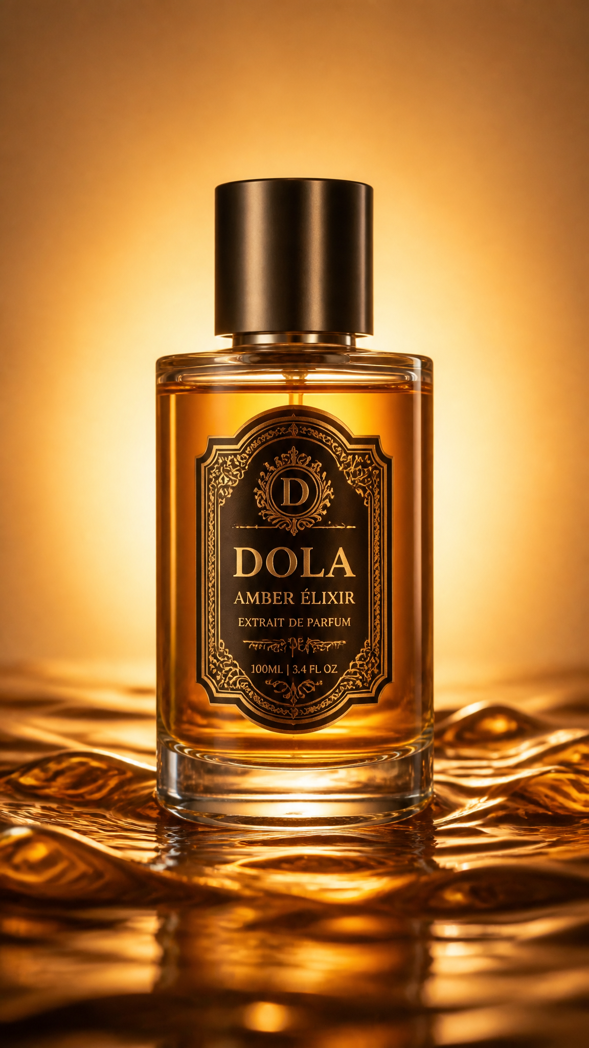 بطری عطر لوکس روی مایع کهربایی، عکاسی تبلیغاتی محصول؛ پرامپت فارسی برای ساخت عکس با هوش مصنوعی